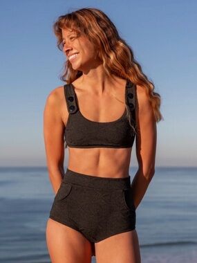 Seea Georgia High Waist Bikini Bottom in Black Licorice Textured Zip Up Size M